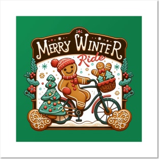 Merry Winter Ride - Gingerbread cookie riding a bike Posters and Art